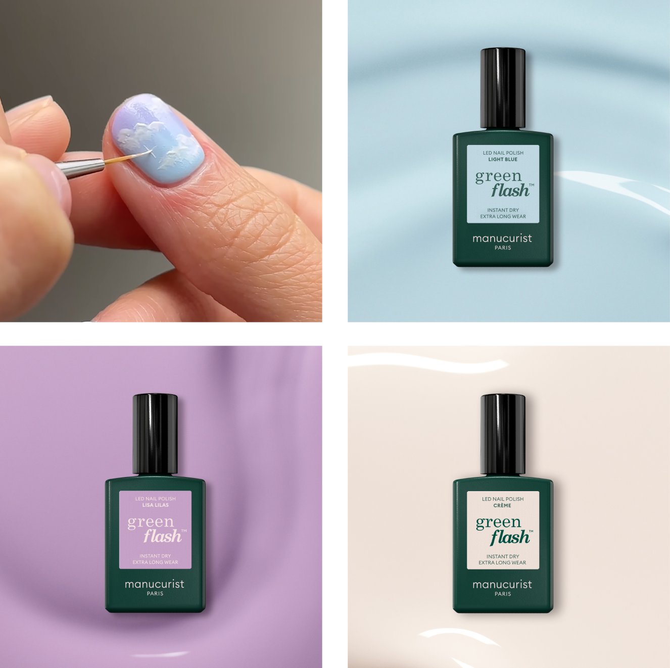 Reproduisez l’ombré pastel dans des nuances aériennes avec le bleu ciel Light Blue, le lilas Lisa Lilas et le doux Crème disponibles en vernis semi-permanent Green Flash dans le trio Creamy Sky.