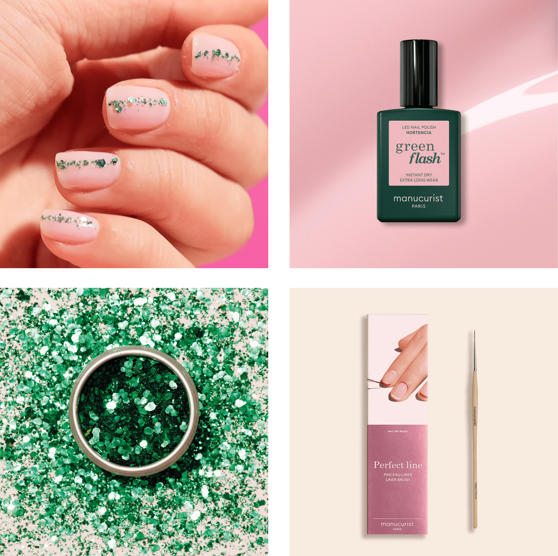 Reproduisez ce nail art avec une base de vernis rose pastel comme Hortencia, avant d’y ajouter les Paillettes Cactus à l’aide du Pinceau Liner.