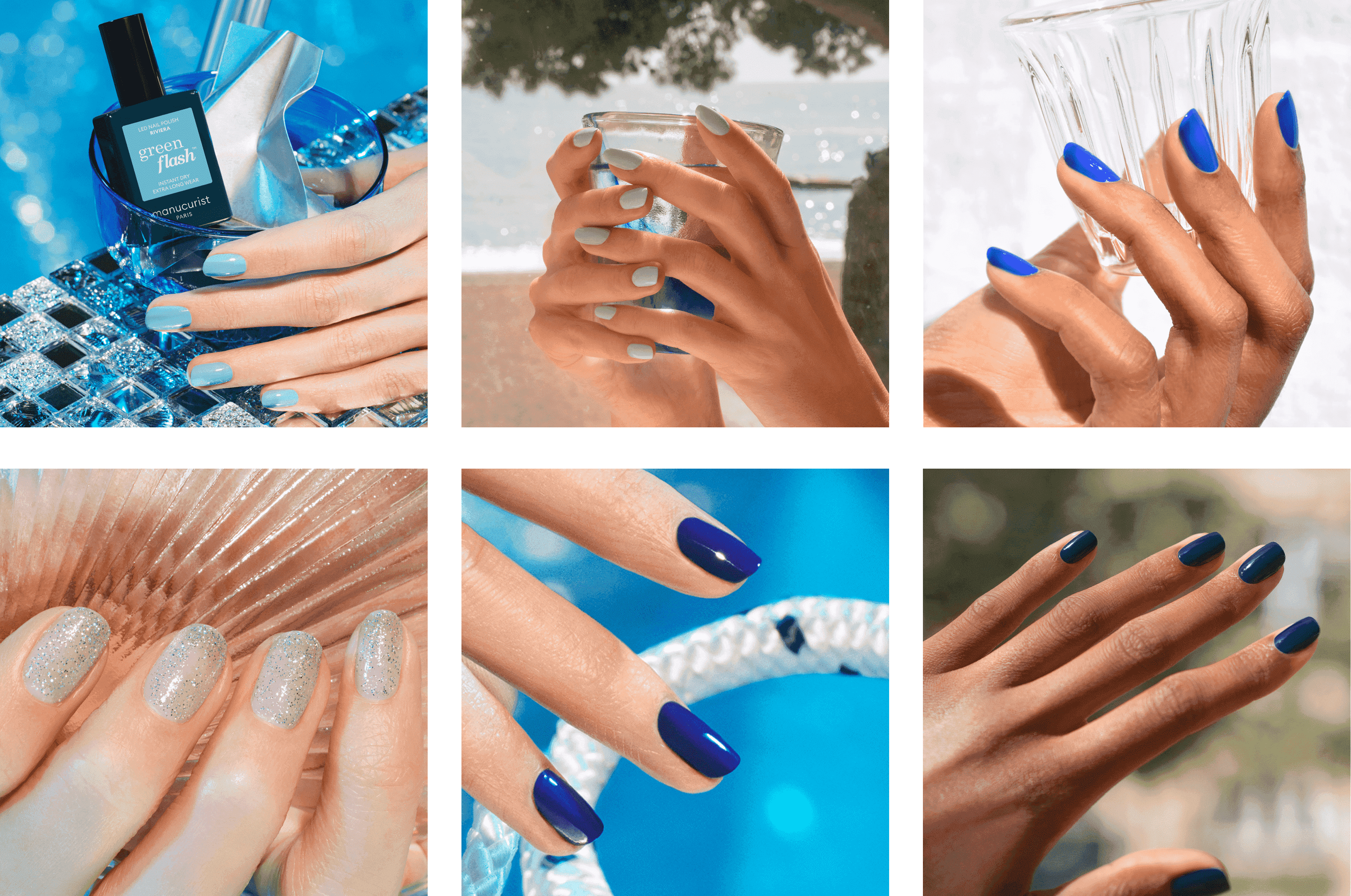 Optez pour le bleu comme couleur estivale parmi les teintes Riviera, Ultramarine, Light Blue et Navy Blue, disponibles en vernis classique Green et vernis semi-permanent Green Flash.