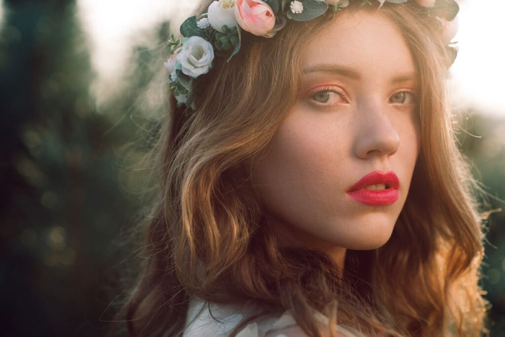 mariée mariage couronne fleurs coiffure maquillage peau femme